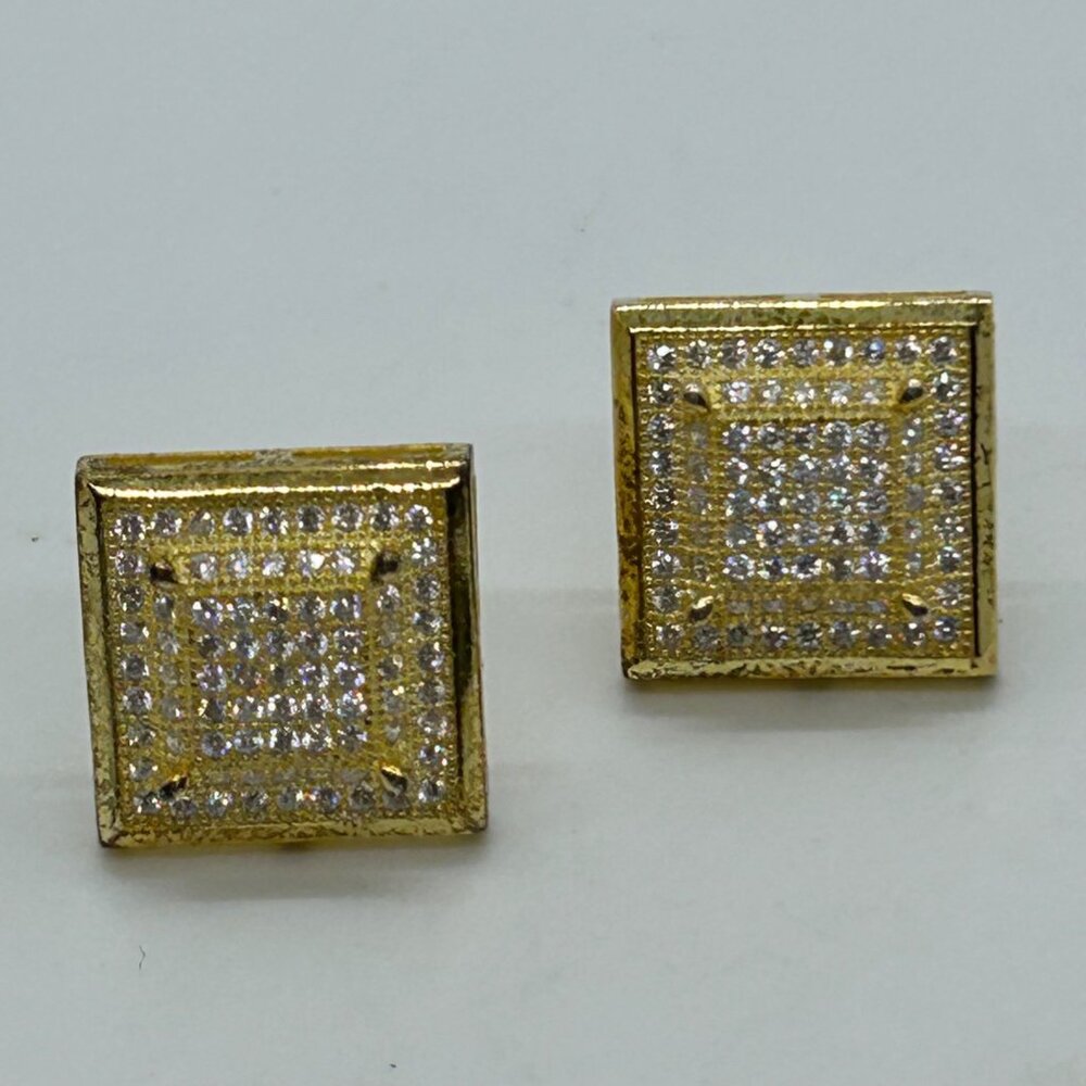 Gold Vermeil Over Sterling Silver Square Stud Earrings Pave CZ Hip Hop Screwback